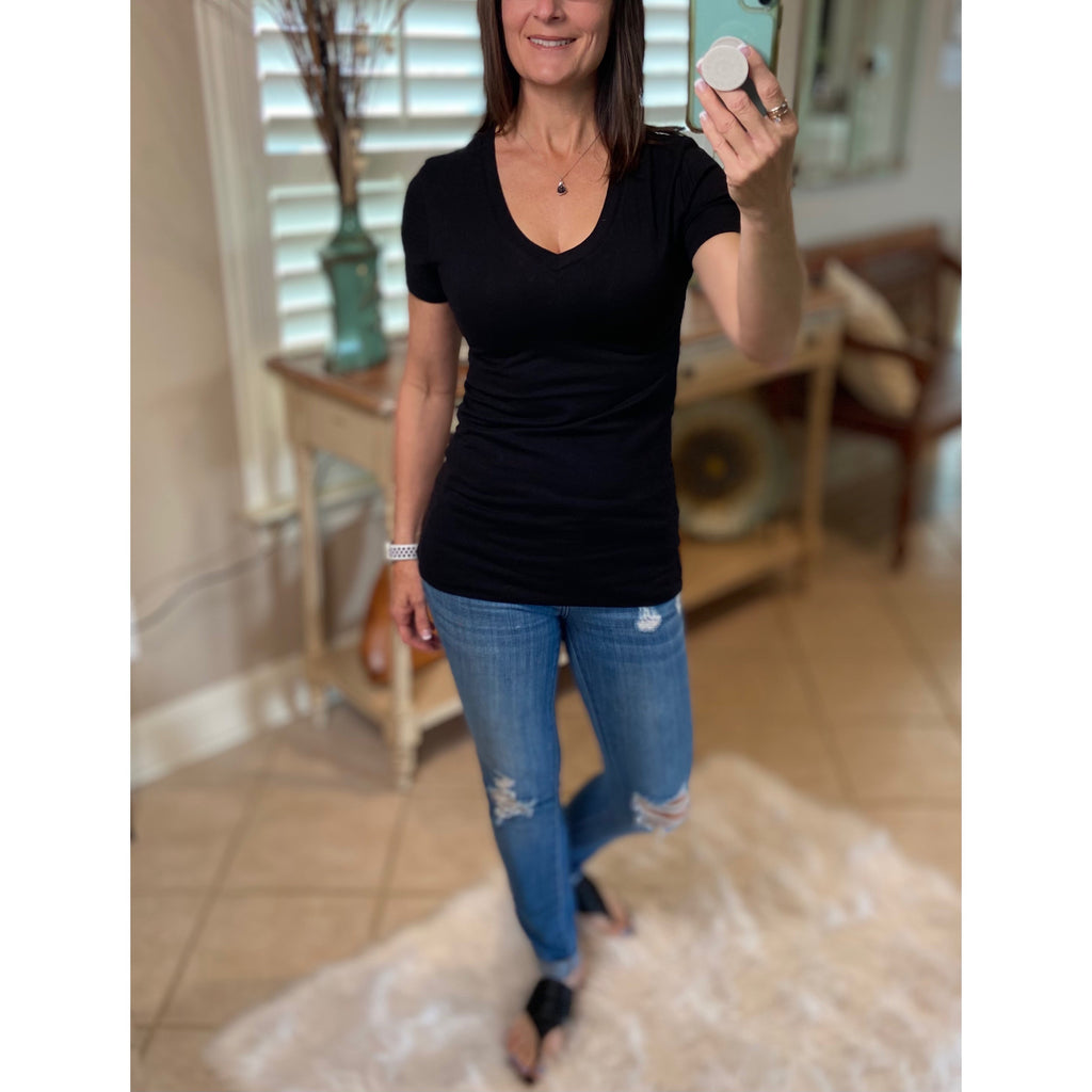 "Basic Babe" V-Neck Cleavage Baby Slimming Basic Tee Shirt Black 1X/2X/3X