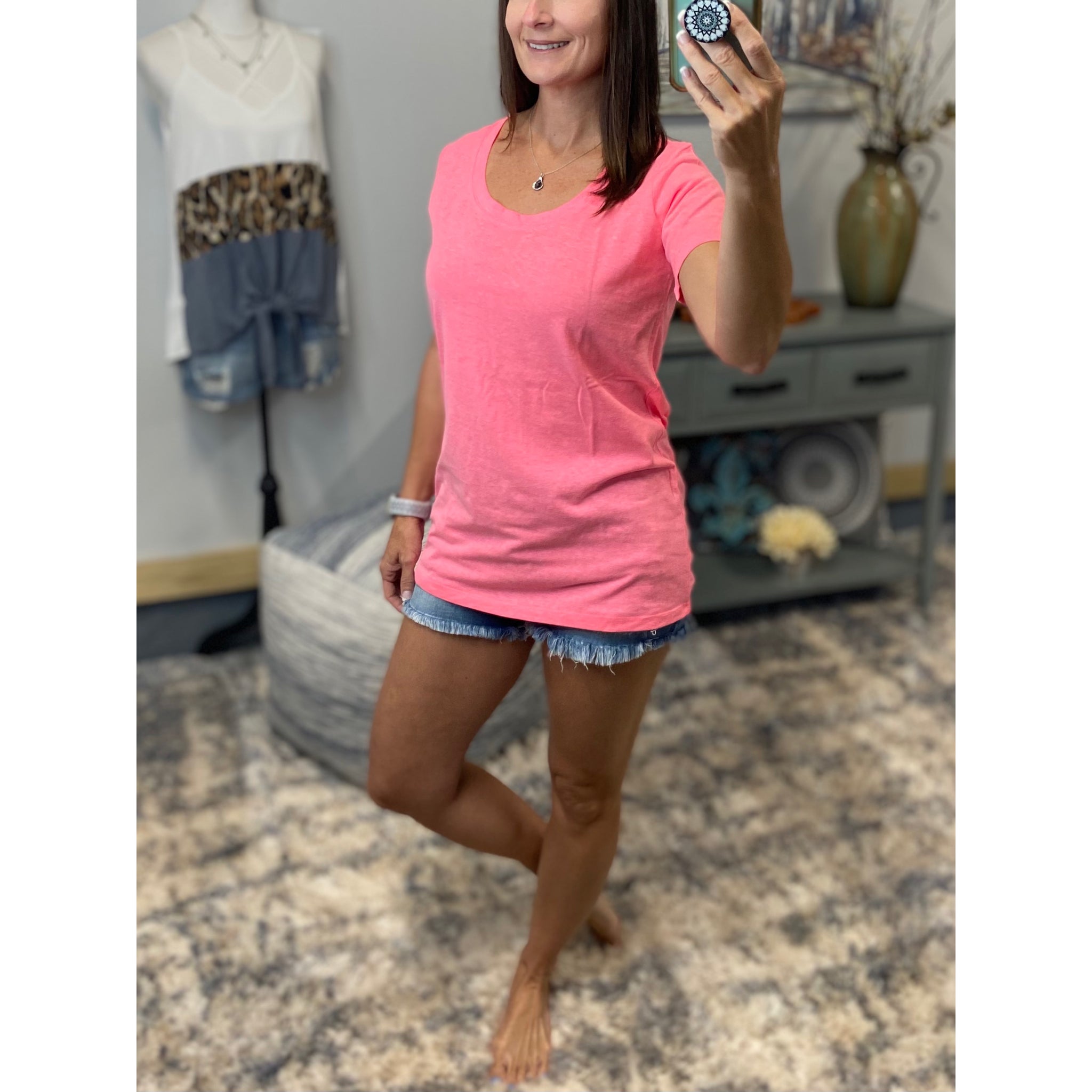 "Neon Rainbow" Loose Floaty Scoop Neck Boyfriend Tee Shirt Melange Neon Pink S/M/L