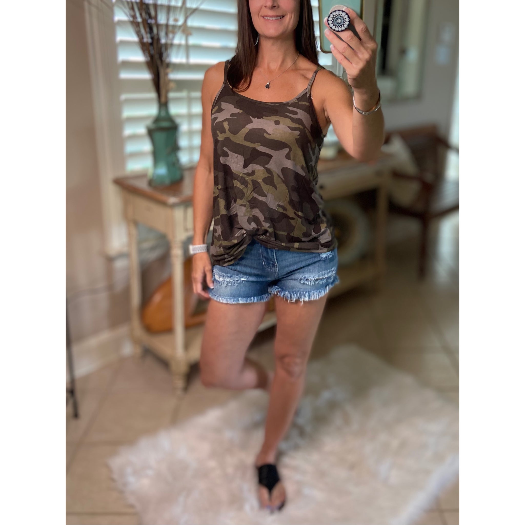 “Heat Wave” Reversible Camouflage Low Scoop Or V Neck Spaghetti Strap Tank Top Green