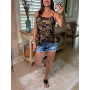 “Heat Wave” Reversible Camouflage Low Scoop Or V Neck Spaghetti Strap Tank Top Green