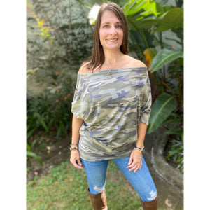 “This Girl Wears Camo” Camouflage Off Shoulder Open Neck Dolman Long Sleeve Top Green