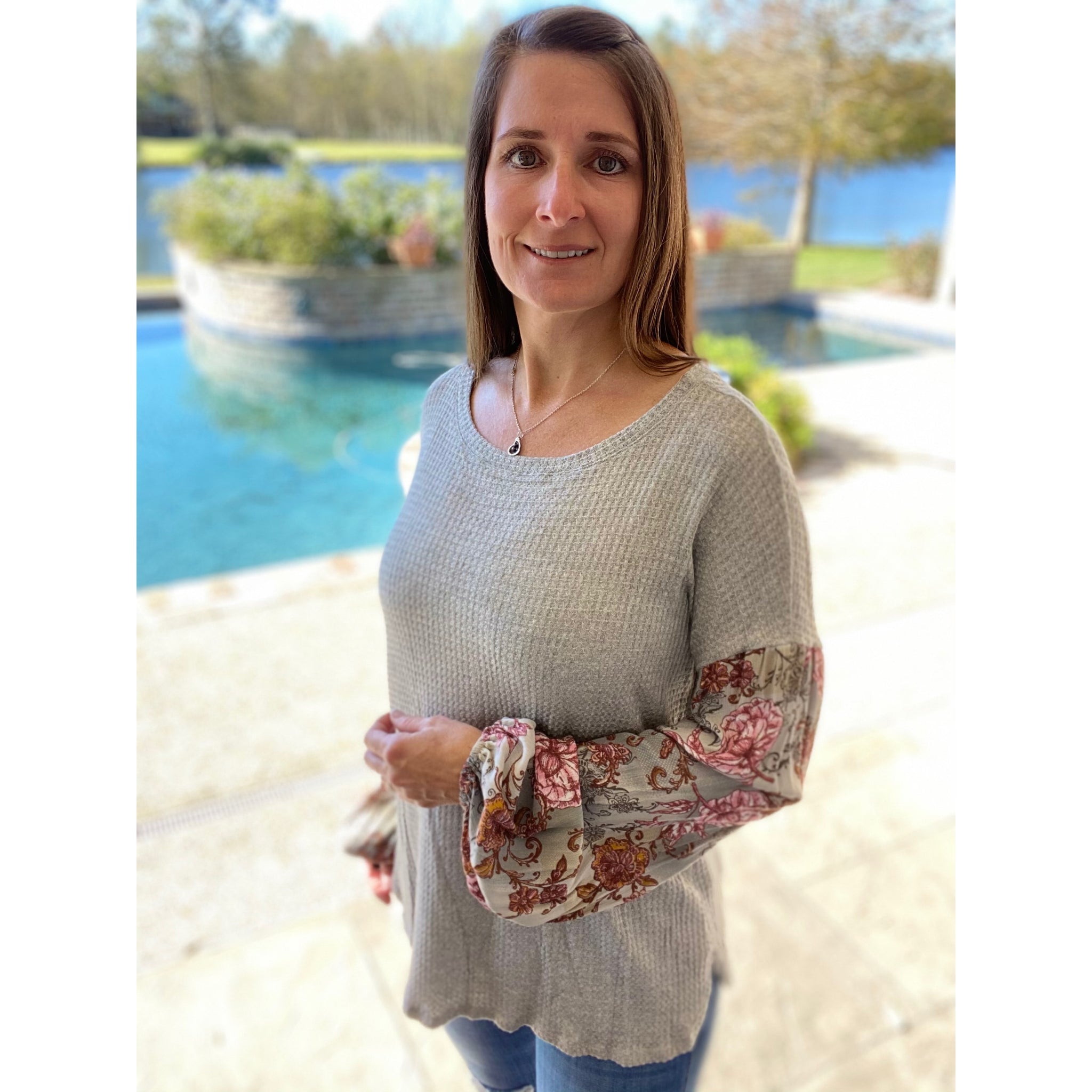 Woven Waffle Bishop Bubble Floral Contrast Long Sleeve Top Gray S/M/L