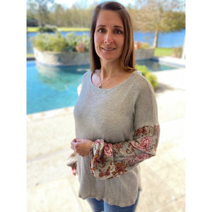 Woven Waffle Bishop Bubble Floral Contrast Long Sleeve Top Gray S/M/L