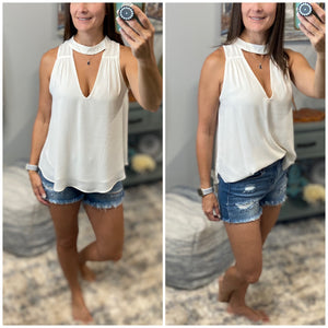 Very Sexy Low Cut Choker Sheer Floaty Empire Tank White S/M/L