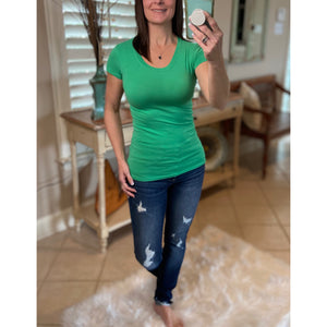 Sexy Crew Neck Basic Baby Slimming Short Cap Sleeve Tee Shirt Green