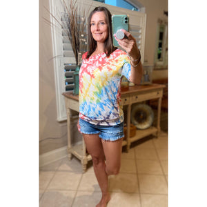 “Double Up” Multi Tie Dye Off Strappy Cold Shoulder Sleeve Banded Top Bright Colors S/M/L/XL
