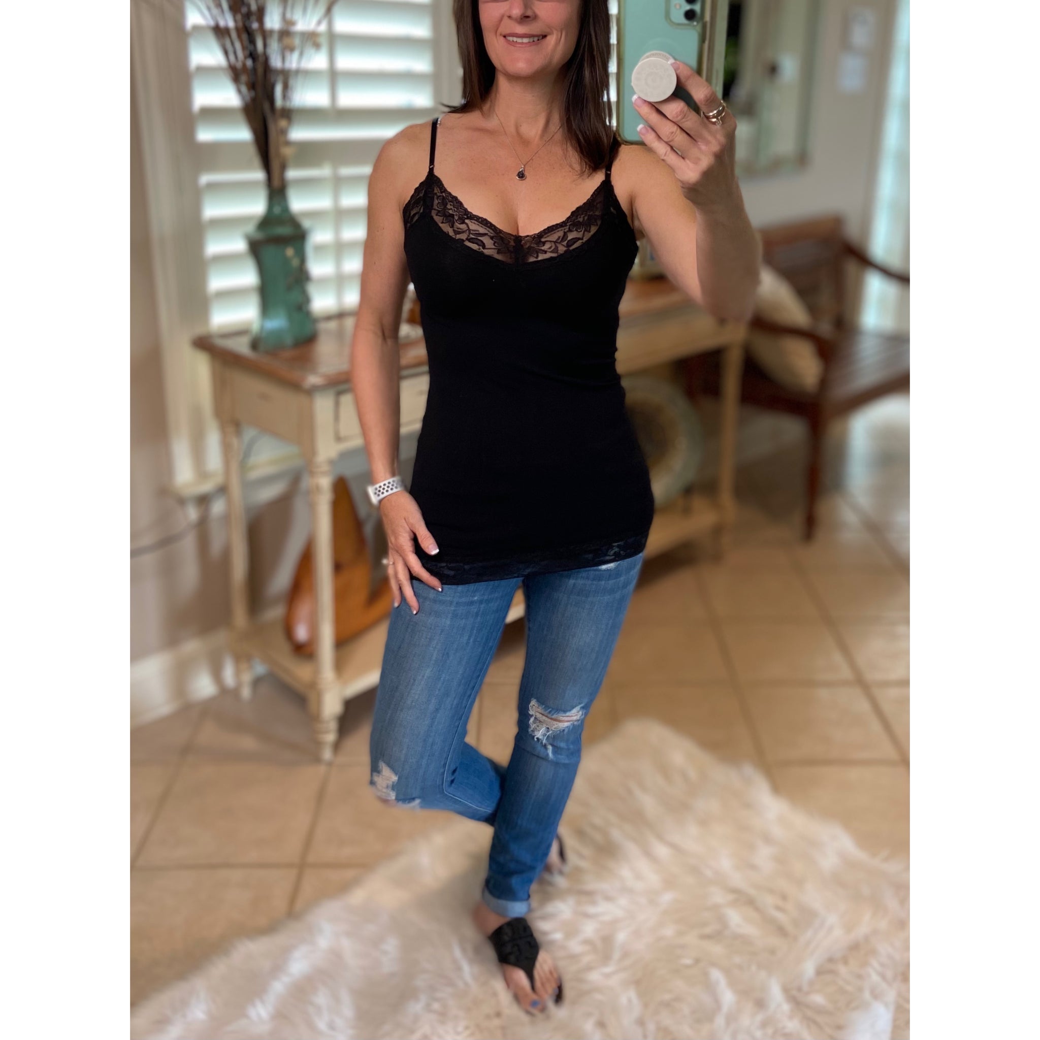 Slimming Low Cut Cleavage Lace Long Layering Club Tank Cami Top Black 1X/2X/3X