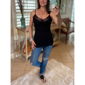 Slimming Low Cut Cleavage Lace Long Layering Club Tank Cami Top Black 1X/2X/3X
