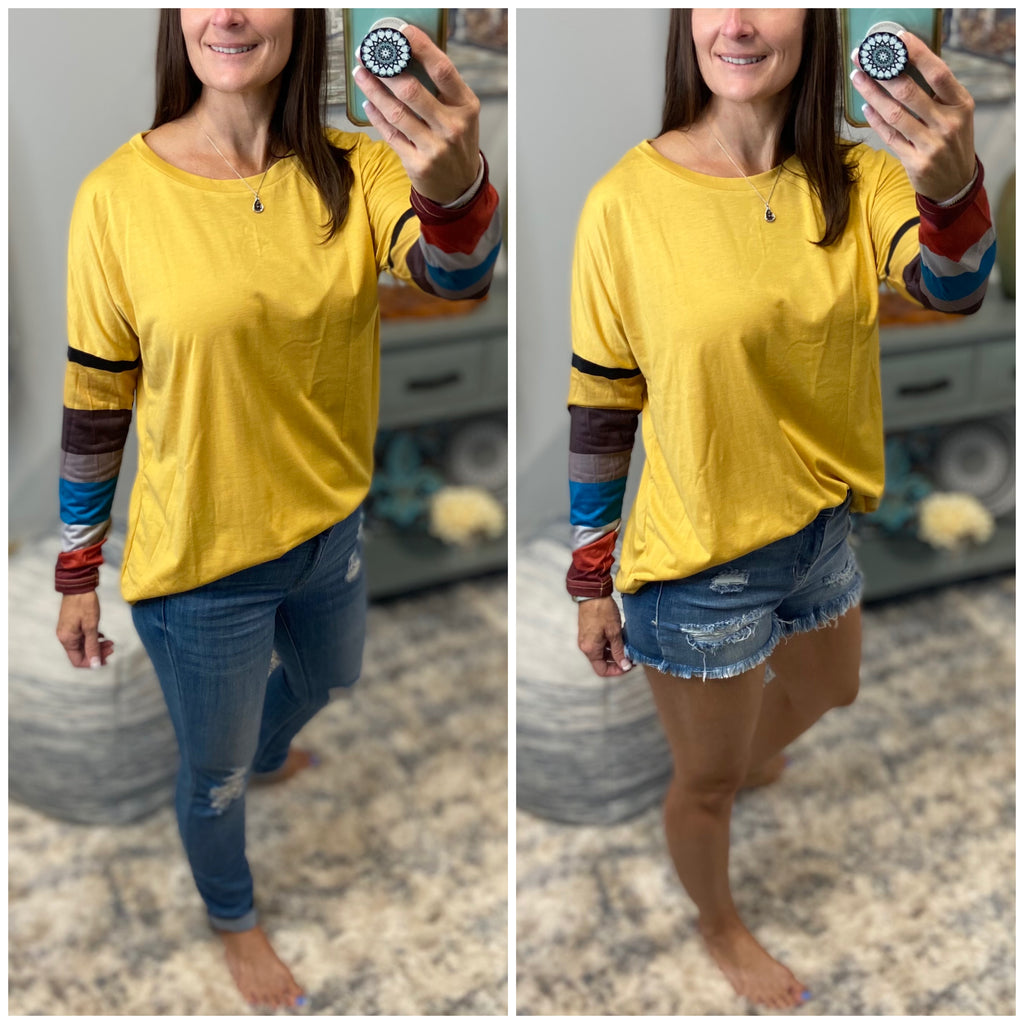 “Better Together” Color Block Striped Sleeves Round Neck Loose Top Mustard Yellow