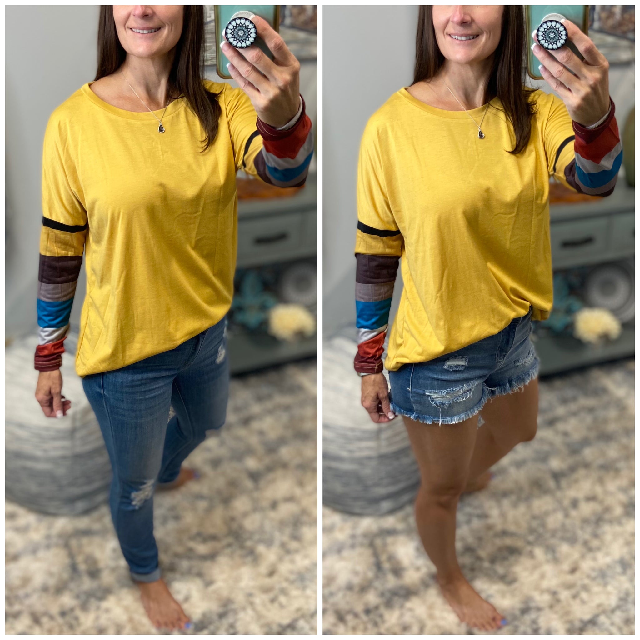 “Better Together” Color Block Striped Sleeves Round Neck Loose Top Mustard Yellow