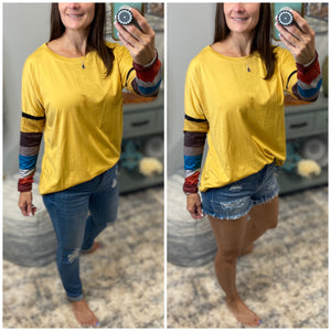 “Better Together” Color Block Striped Sleeves Round Neck Loose Top Mustard Yellow