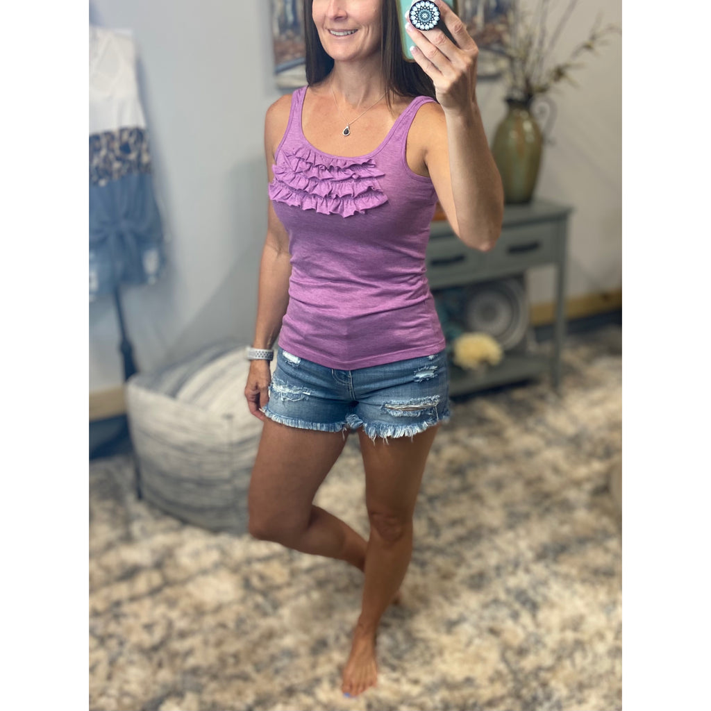 Tiered Ruffle Scoop Neck Sleeveless Bust Low Urban Boho Tank Melange Lavender