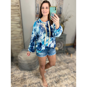 “Free Bird” Tie Dye Crew Neck Waffle Drawstring Light Long Sleeve Hoodie Blue
