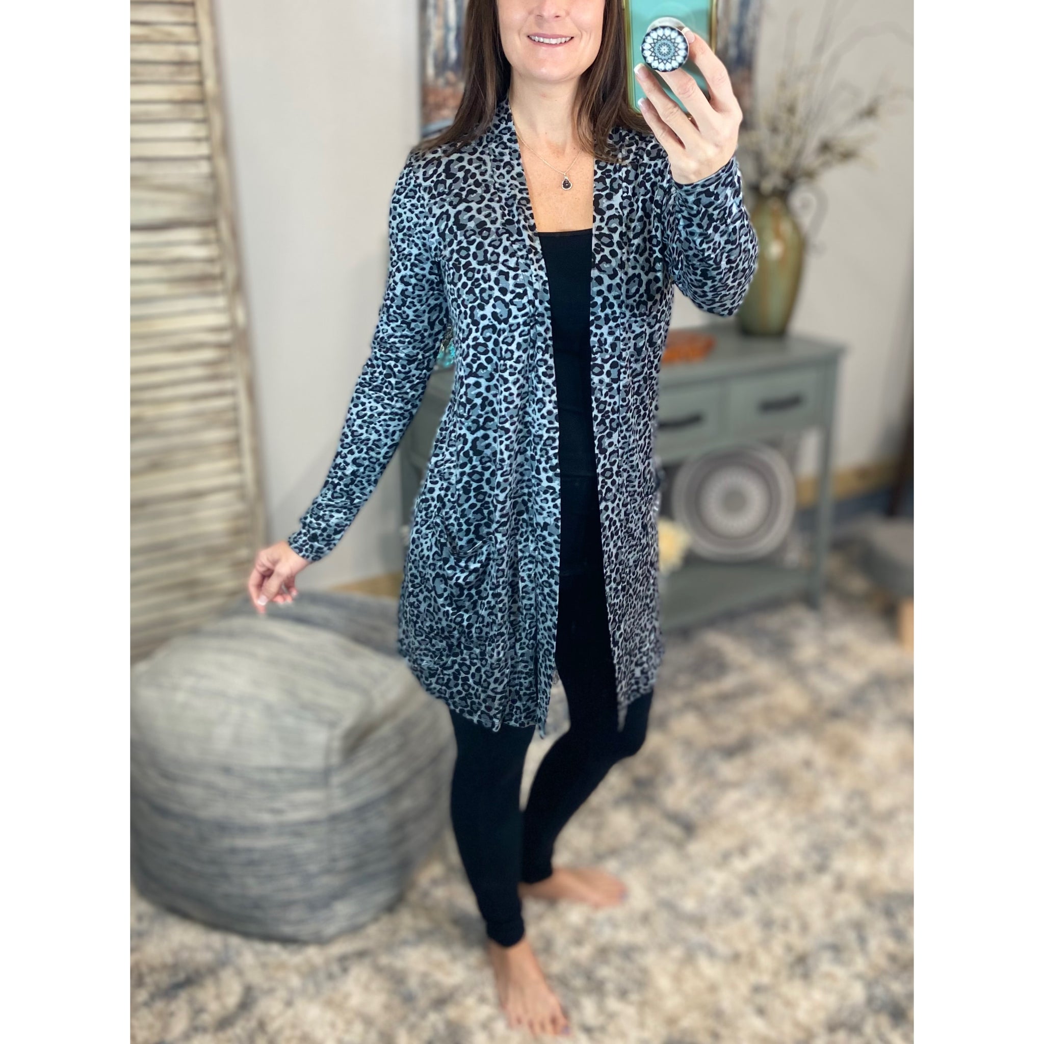 “See You Again” Leopard Long Open Front Cardigan Pocket Light Long Sleeve S/M/L/XL