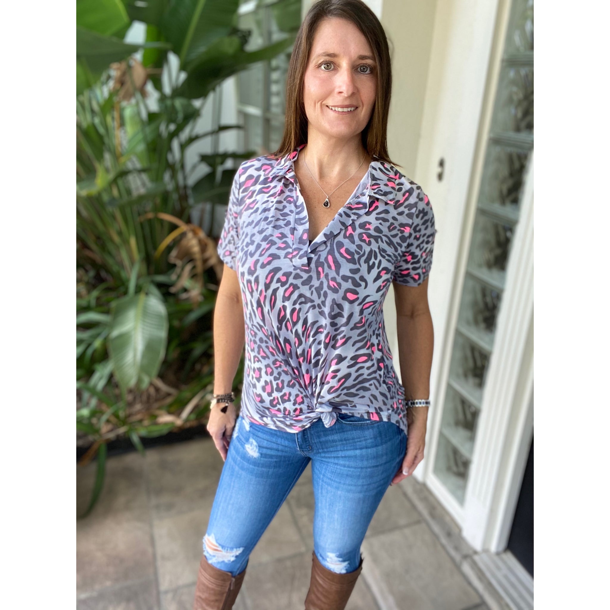 “She Is Fierce” Leopard Animal V Neck Collar Short Sleeve Tab Button Floaty Tunic Top Gray Pink