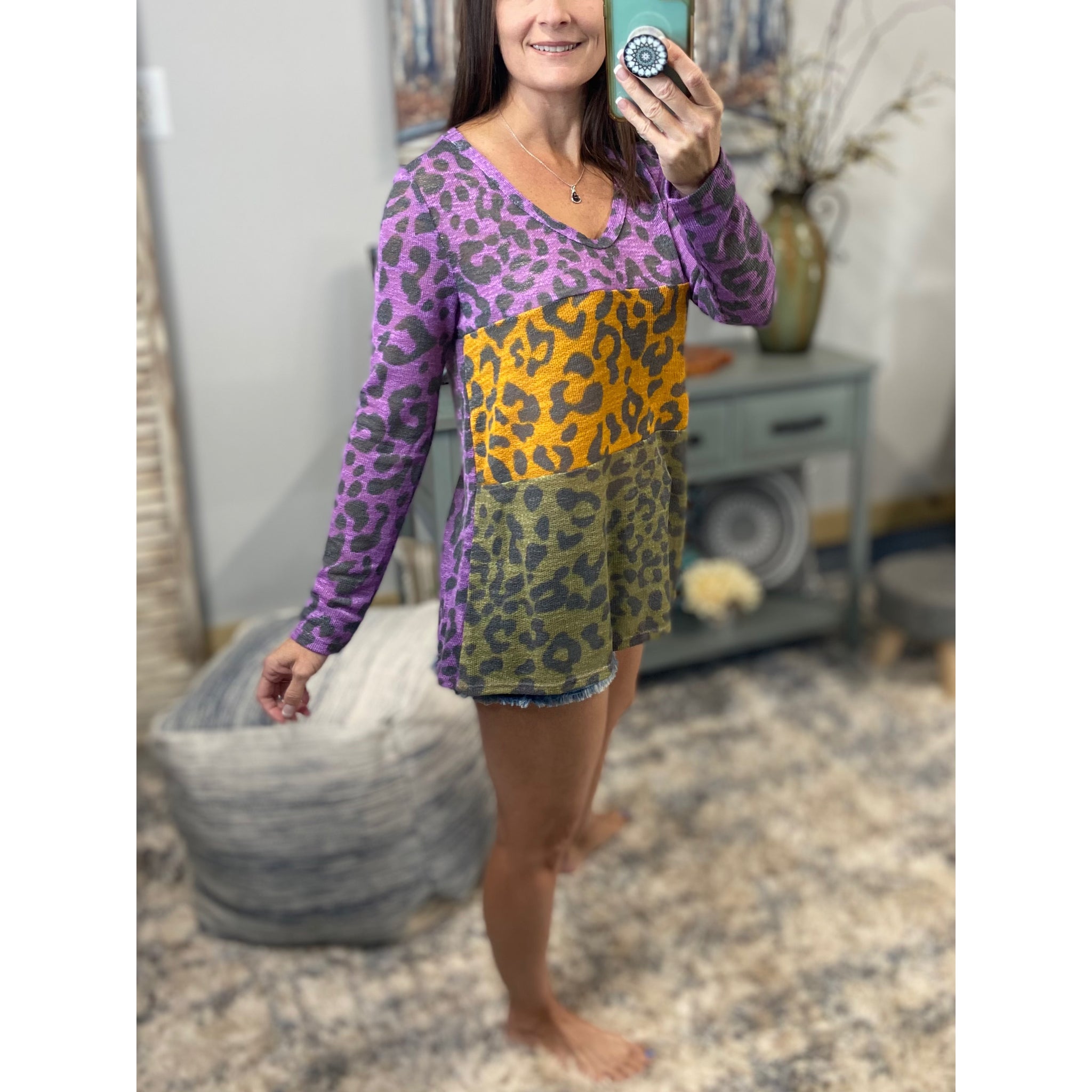 “Queen Cake” Mardi Gras Leopard Wide Neck Off Shoulder Shirt Purple Green & Gold