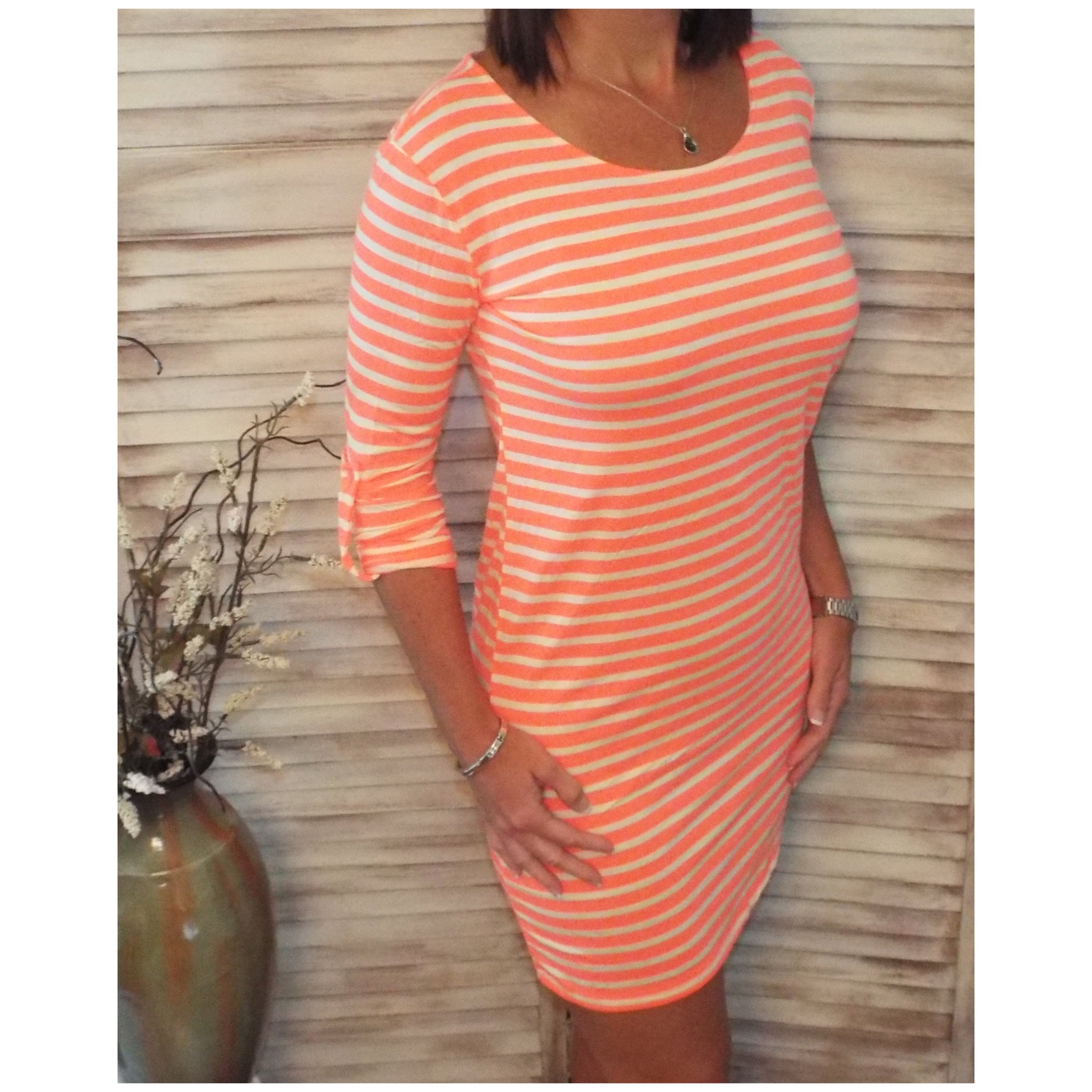 Sexy Boat Neck Striped Tab Sleeve Summer Tee Shirt Dress Neon Coral