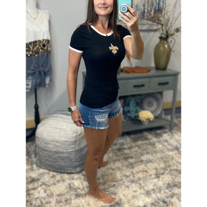 New Orleans Saints Fleur de Lis Embroidery Crew Neck Baby Slimming Soft Top Tee Black Ivory Contrast Trim