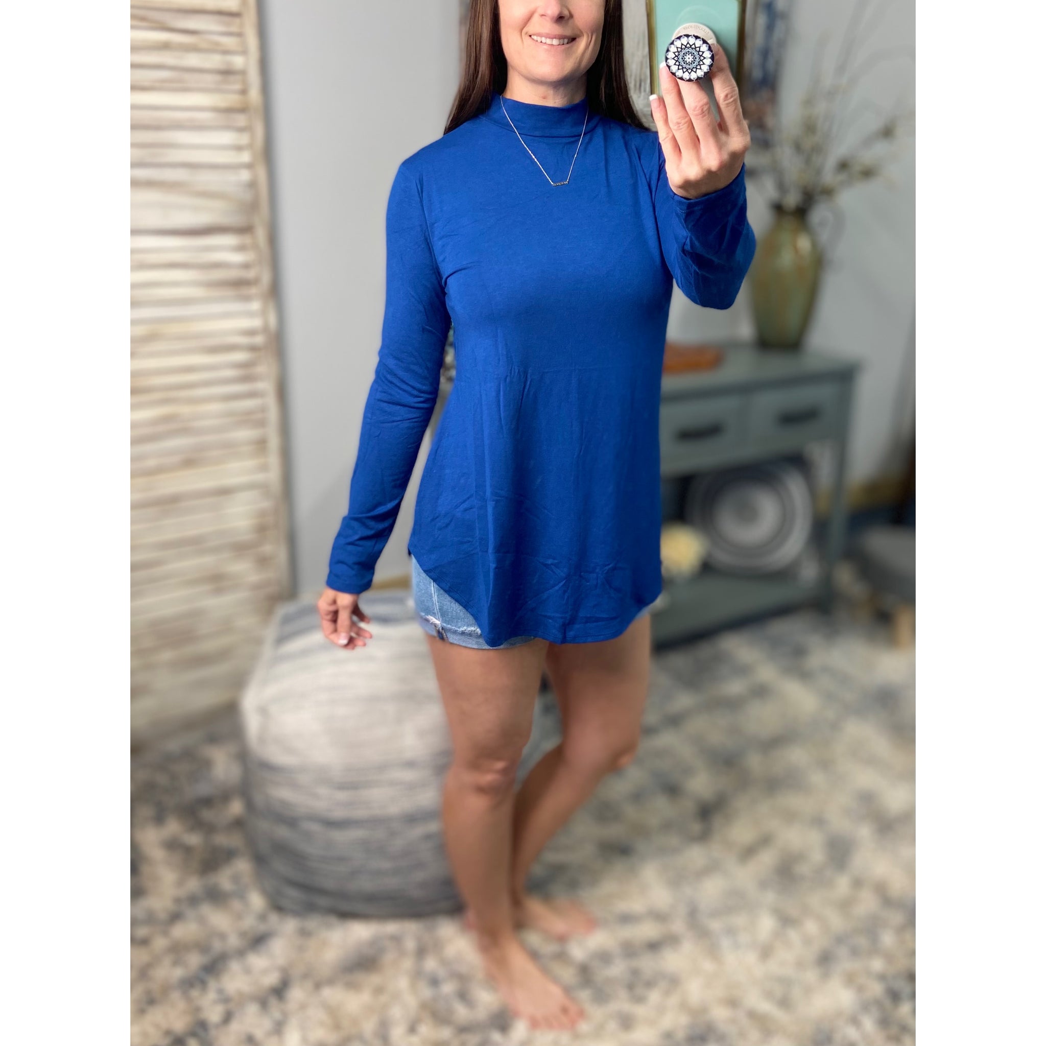 "The Rock" Mock Turtle High Neck Floaty Long Sleeve Soft Stretchy Blue