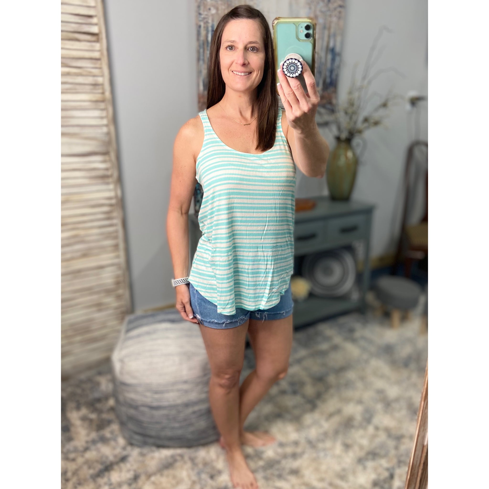 "Level Up" Ribbed Striped Scoop Neck Sleeveless Summer Beach Floaty Tank Top Tunic Mint Green