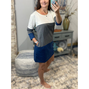 "Let It Be" Scoop Neck Color Block 3/4 Sleeve Pocket Shift Dress Navy Gray