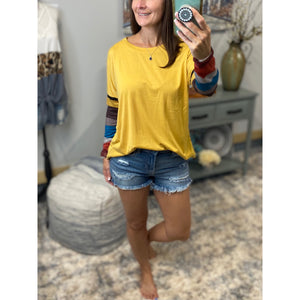 “Better Together” Color Block Striped Sleeves Round Neck Loose Top Mustard Yellow