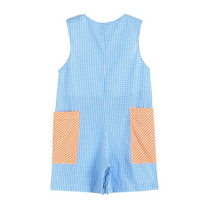 Easter Bunny & Wagon Gingham Pockets Embroidery Blue Jon Jon Romper