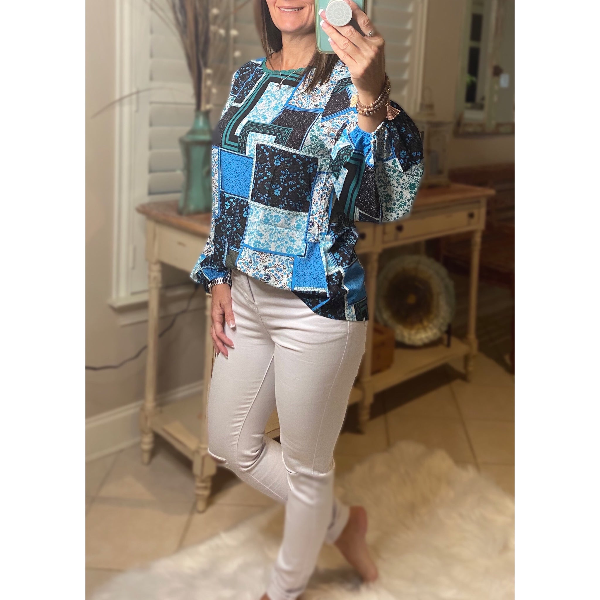 “I Have the Blues” Bohemian Floral Patchwork Print High Neck Boho Dressy Top Blue
