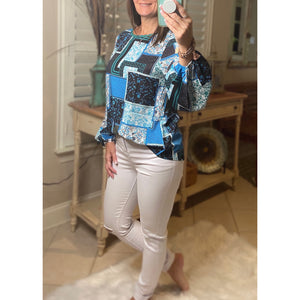 “I Have the Blues” Bohemian Floral Patchwork Print High Neck Boho Dressy Top Blue