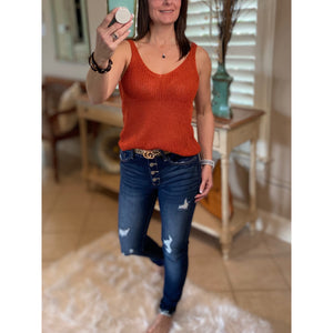 “Spring Fling” Sexy Low Double V Neck Back Sleeveless Dressy Sweater Tank Rust