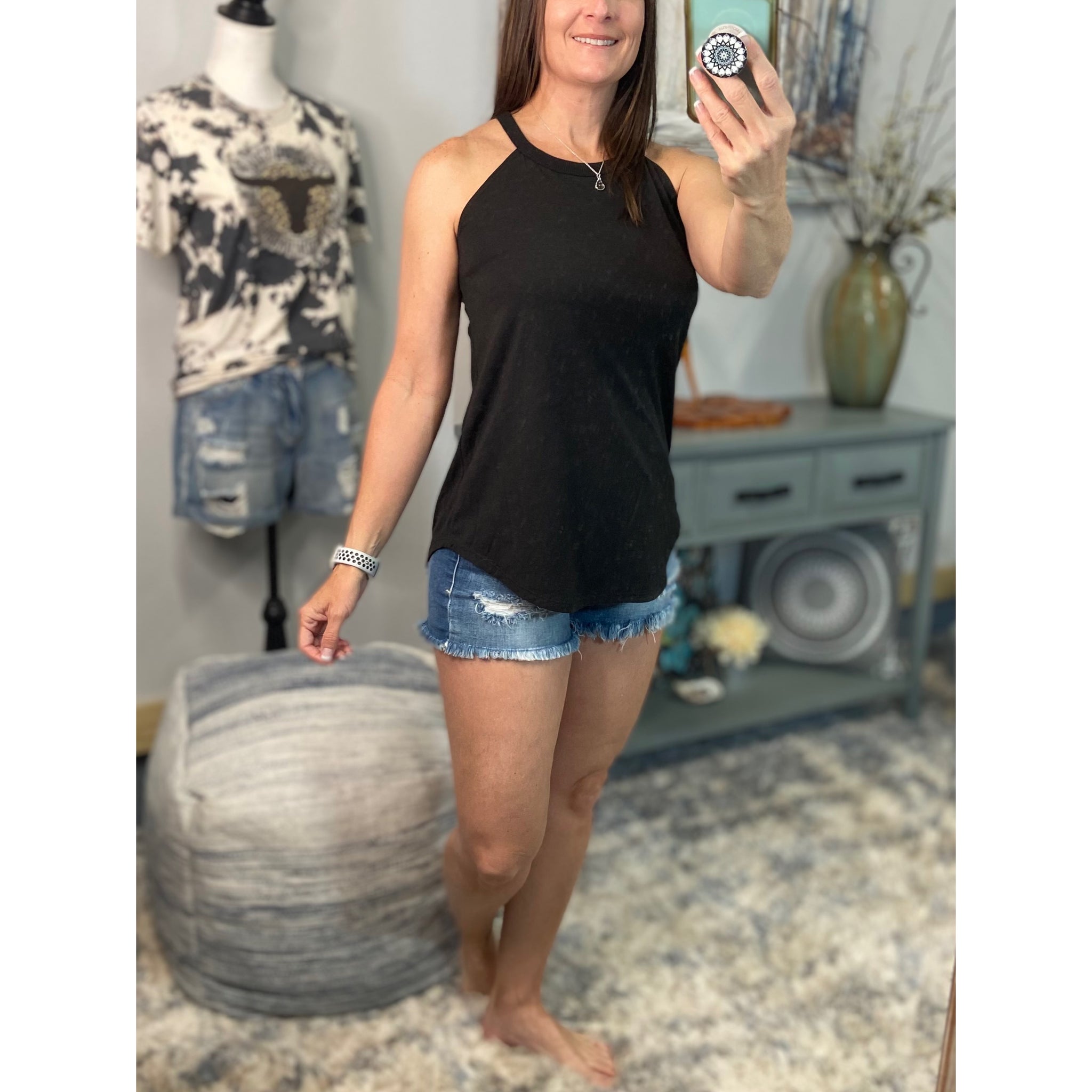 Tri Rocker Racerback Scoop Neck Floaty Trendy Tank Top Black S/M/L/XL