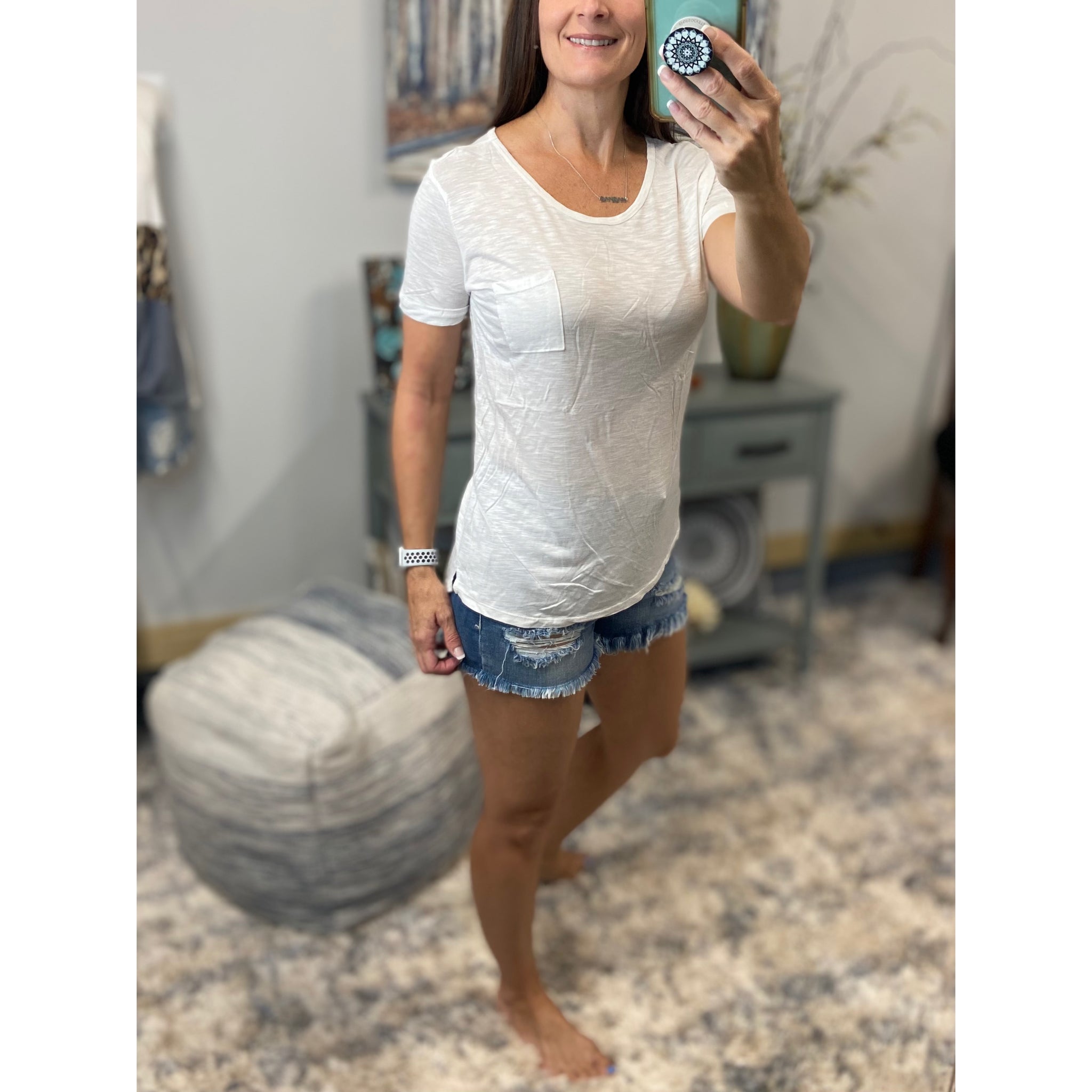 Sheer Burnout Melange Tissue Scoop Neck Top Shirt Tee White S/M/L