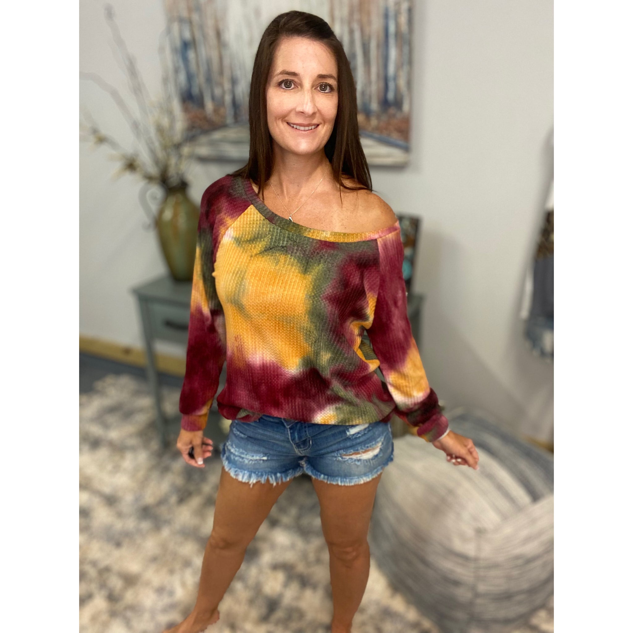 Multi Tie Dye Waffle Thermal Wide Neck Pull Over Long Sleeve Banded Top S/M/L