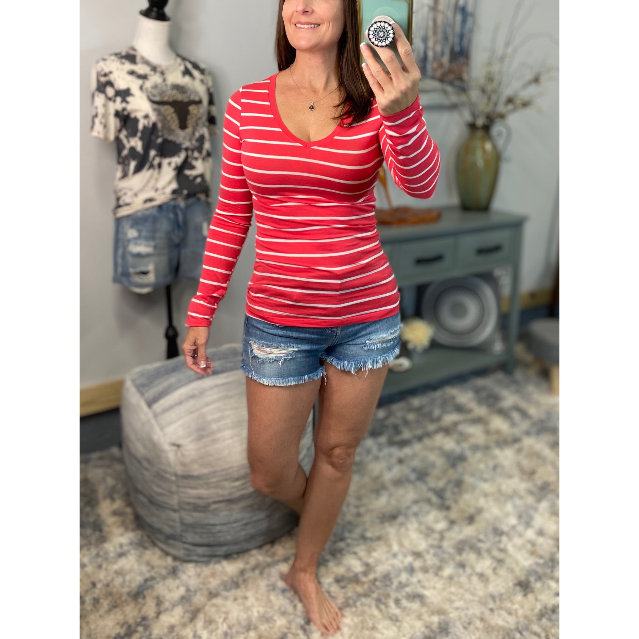 "Follow Me" Nautical Striped Preppy Stretch V-Neck Low Cut L/S Shirt Bright Coral White S/M/L