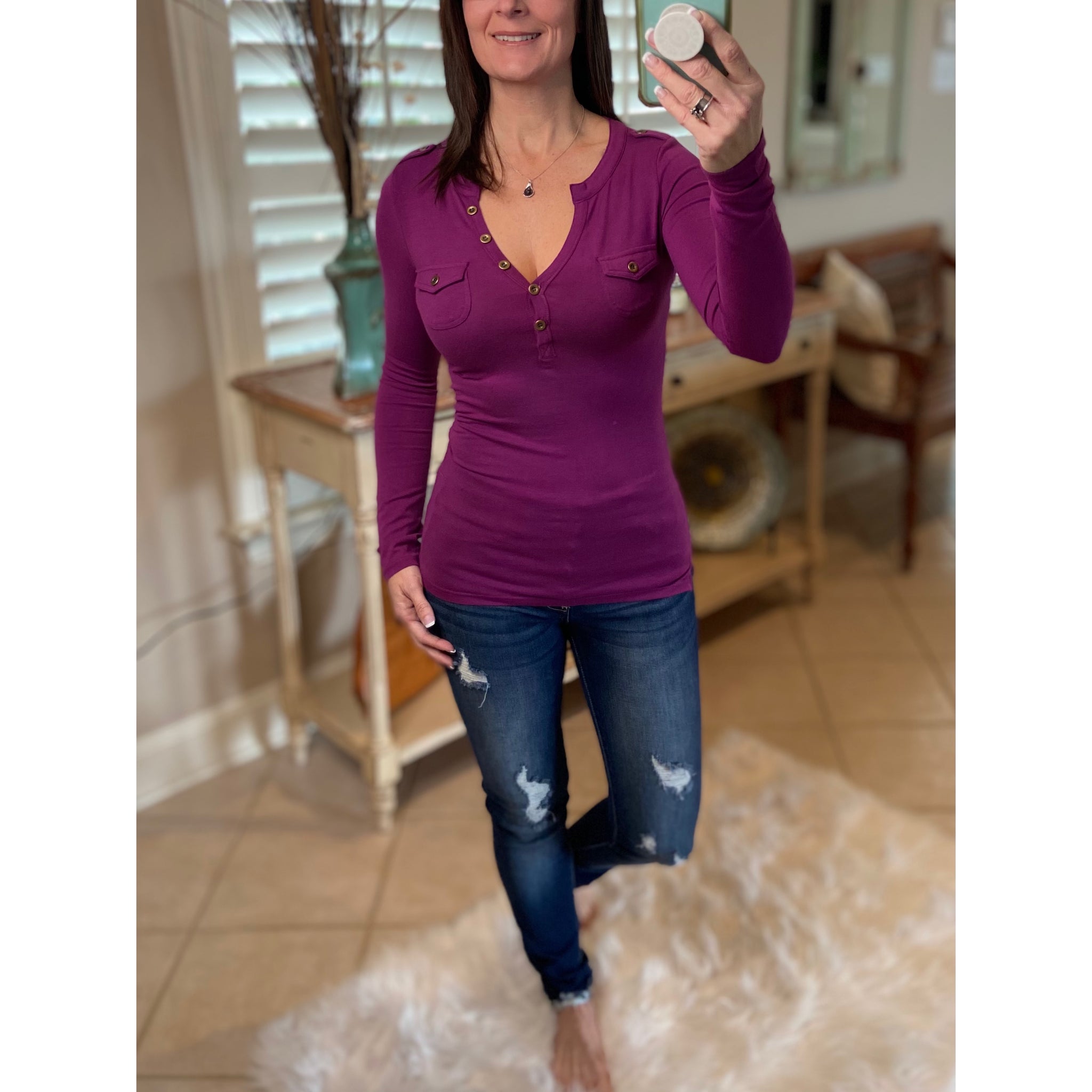Sexy Deep V Neck Plunge Cleavage Military Henley Pocket Top Plum