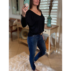 Dolman Open Neck Batwing Blouse Shirred Long Sleeve Top Shirt Black S/M/L