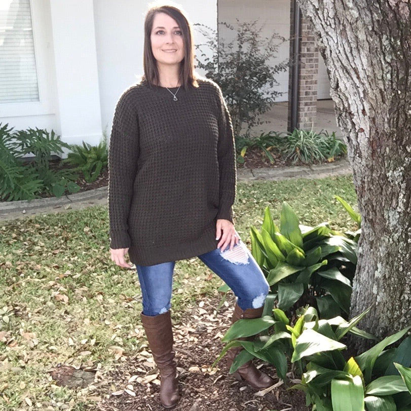 Oversized Chunky Waffle Sweater Round Neck Tunic Heavy Long Sleeve Top Olive