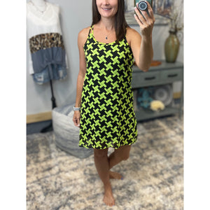 "My Way" Chiffon Double Strap Racerback Sheer Overlay Dress Geometric Green Navy S/M/L
