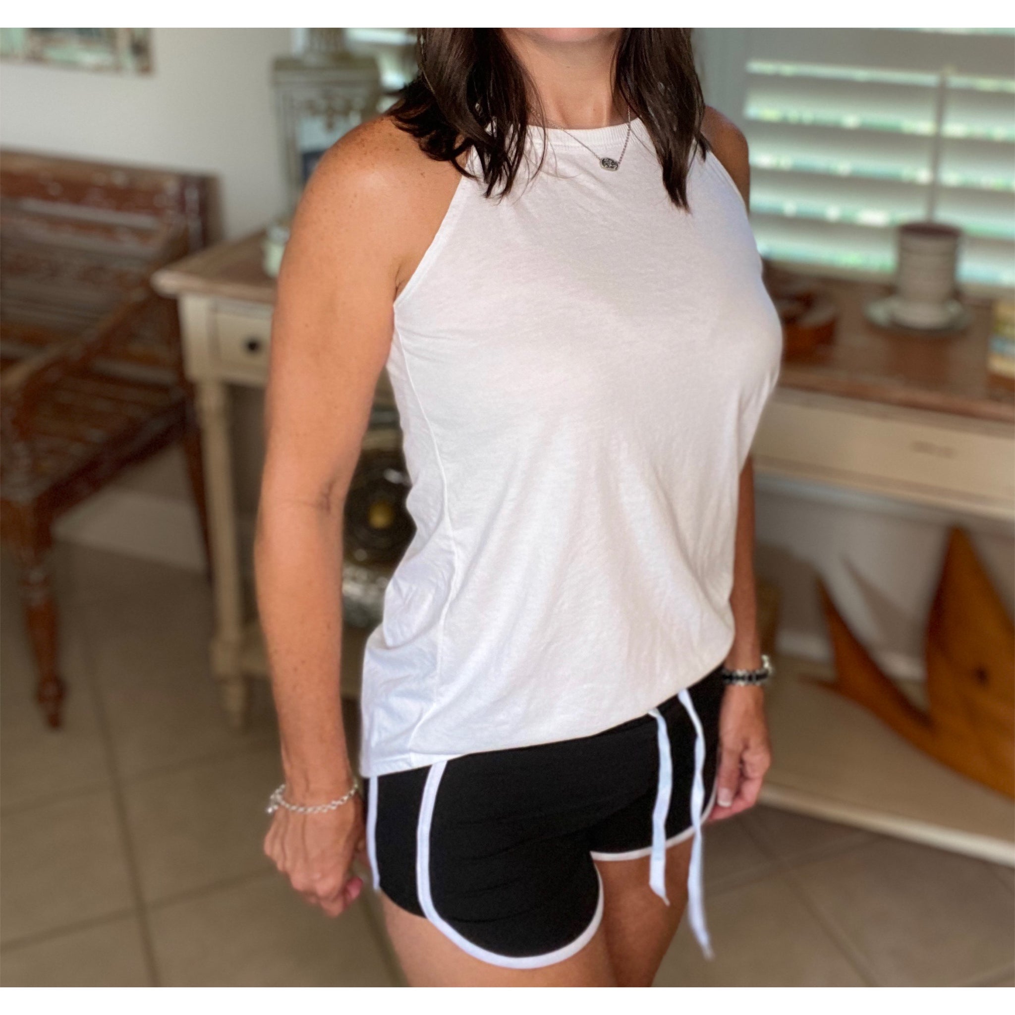 Tri Rocker Racerback Round Neck Floaty Trendy Tank Top Summer White