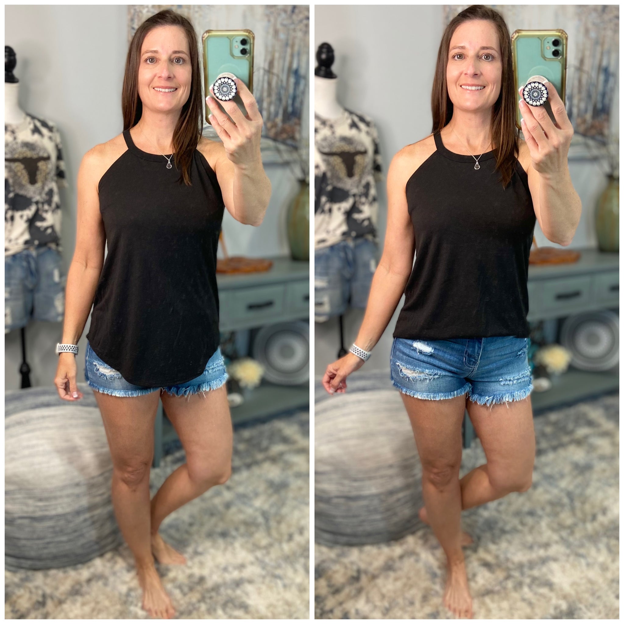 Tri Rocker Racerback Scoop Neck Floaty Trendy Tank Top Black S/M/L/XL