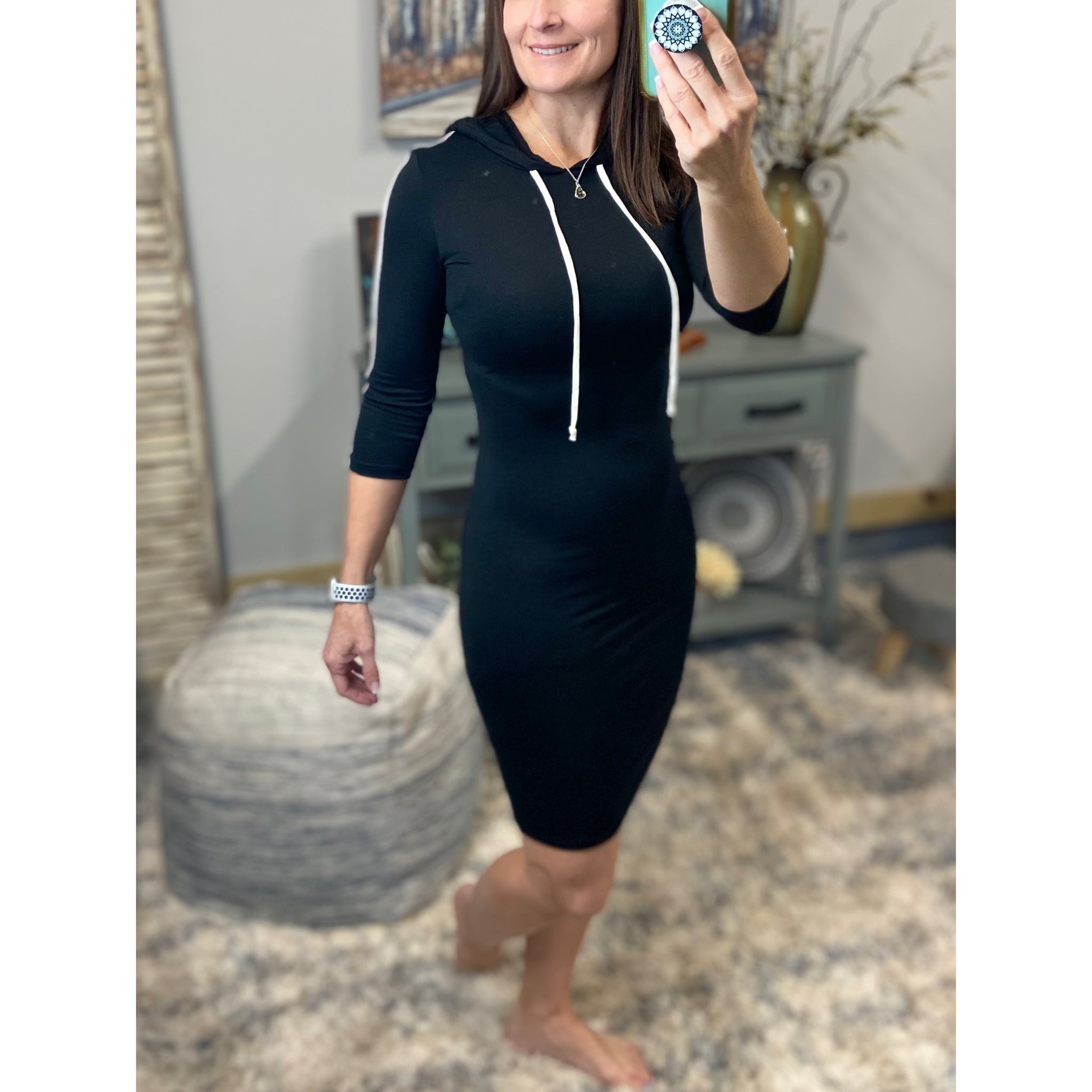 Sporty Athletic Hoodie Contrast Bodycon Stretch 3/4 Dress Black White S/M/L