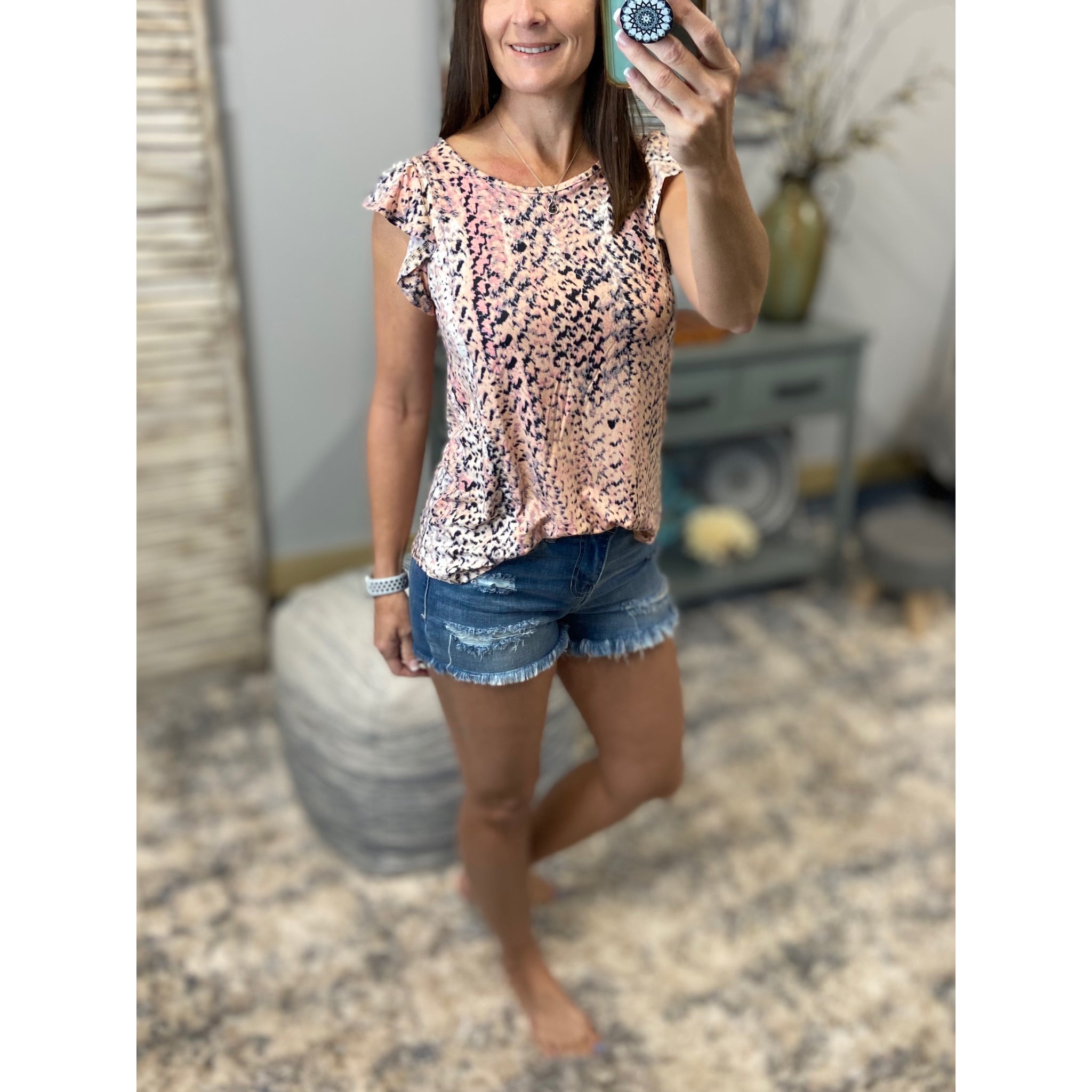 “I’ve Come a Long Way” Snake Print Short Flutter Sleeve Round Neck Top Pink Black S/M/L/XL
