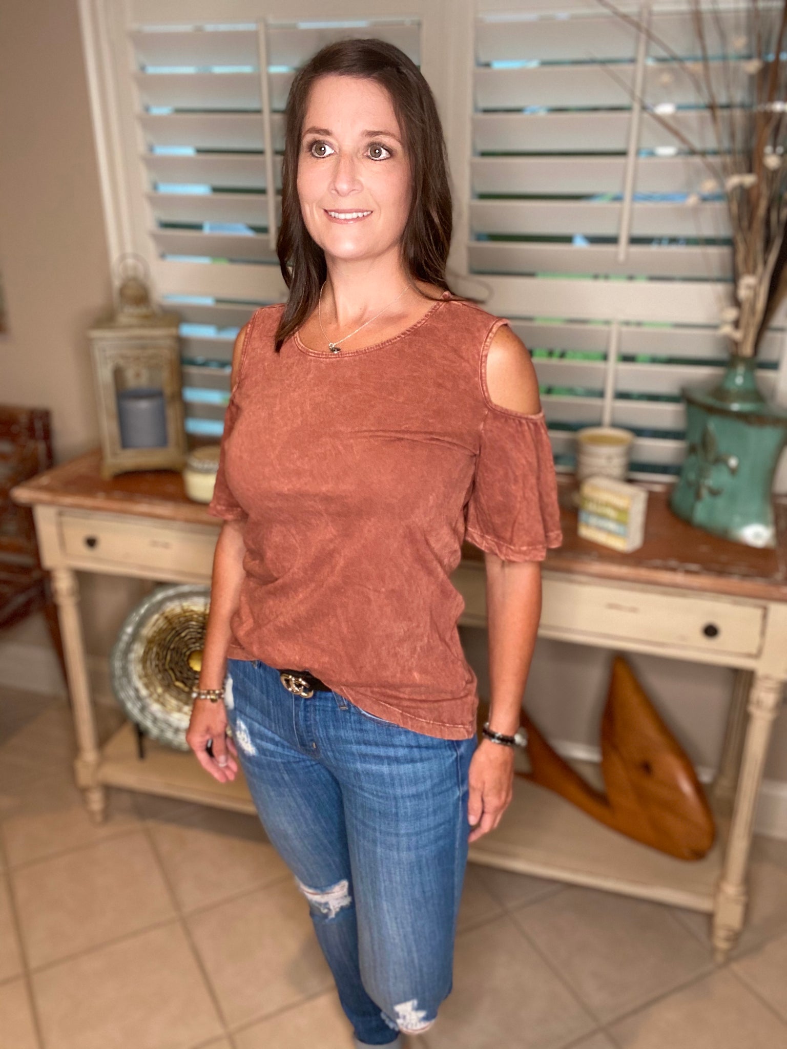Sexy Scoop Neck Bell Sleeve Cold Shoulder Cutout Top Mineral Wash Rust
