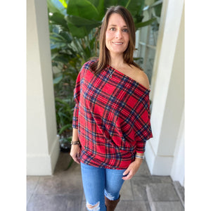 “Kick Up Your Heels” Plaid Off Shoulder Open Neck Dolman Long Sleeve Top Red S/M/L