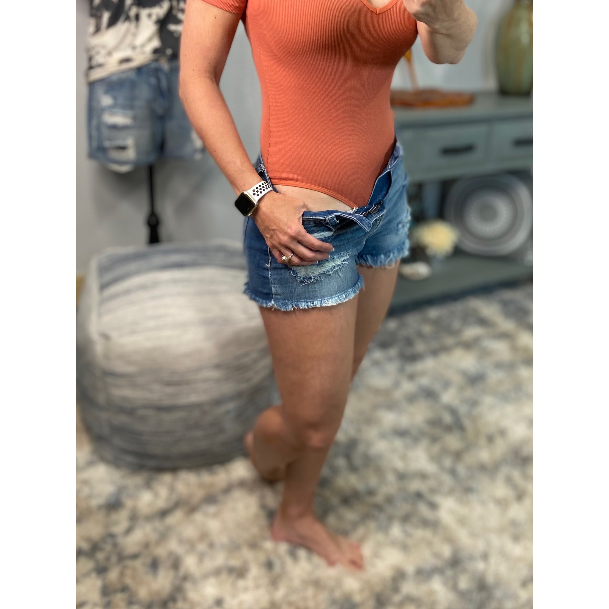 “What's Your Name” Ribbed Bodysuit Deep V Neck Slimming Short Sleeve Terracotta Rust
