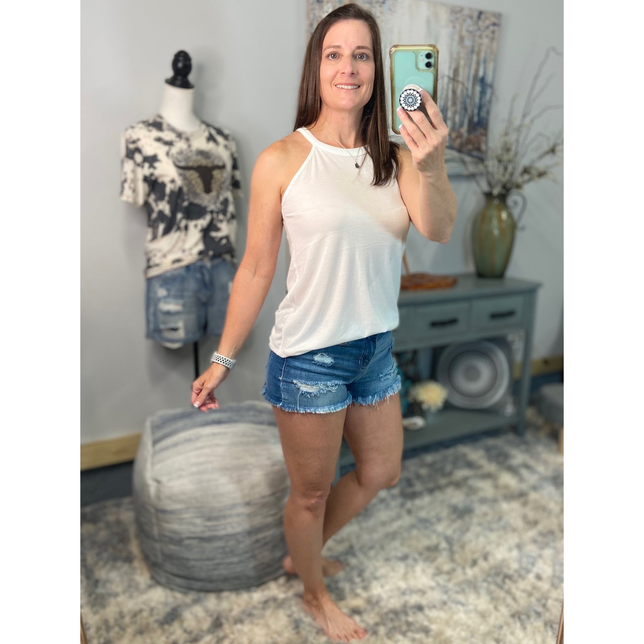 Tri Rocker Racerback Round Neck Floaty Trendy Tank Top Summer White