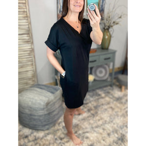 "Timeless" Boxy V-Neck Rolled Cuff Sleeve Pocket Summer Tee Shirt Dress Black S/M/L/XL