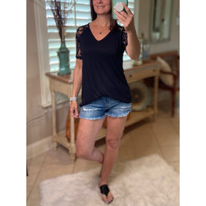 "All About The Lace" Lace Short Sleeve V-Neck Rounded Bottom Dressy Black S/M/L/XL