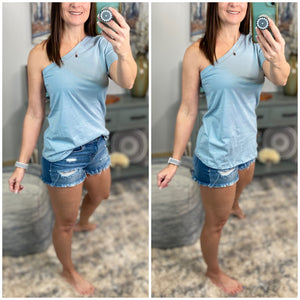 "We Are Strong" Sexy Top Womens Blue One Shoulder Short Sleeve Relaxed Cotton Beach