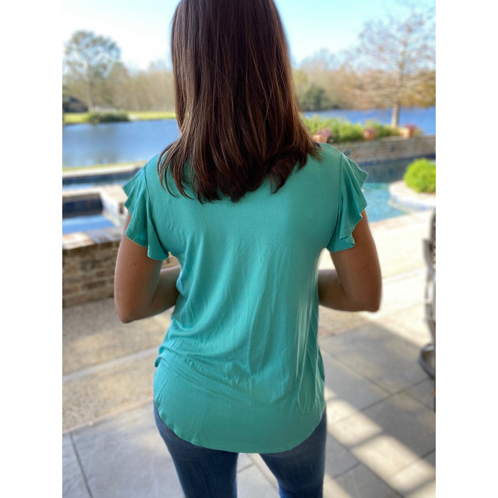 “Butterfly Kisses” Short Flutter Sleeve Round Neck Bottom Top Mint S/M/L